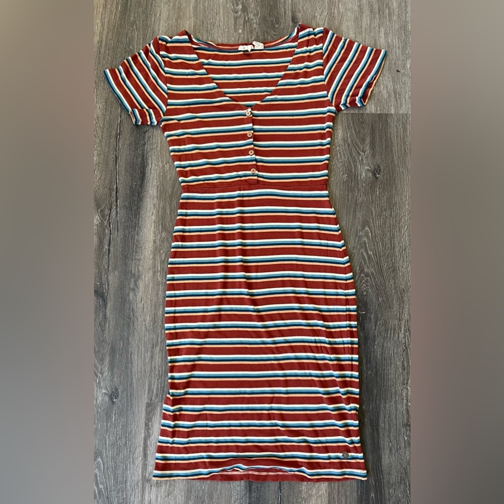 Roxy Henley Striped Retro Bodycon Ribbed Button-Front Dress Size XS